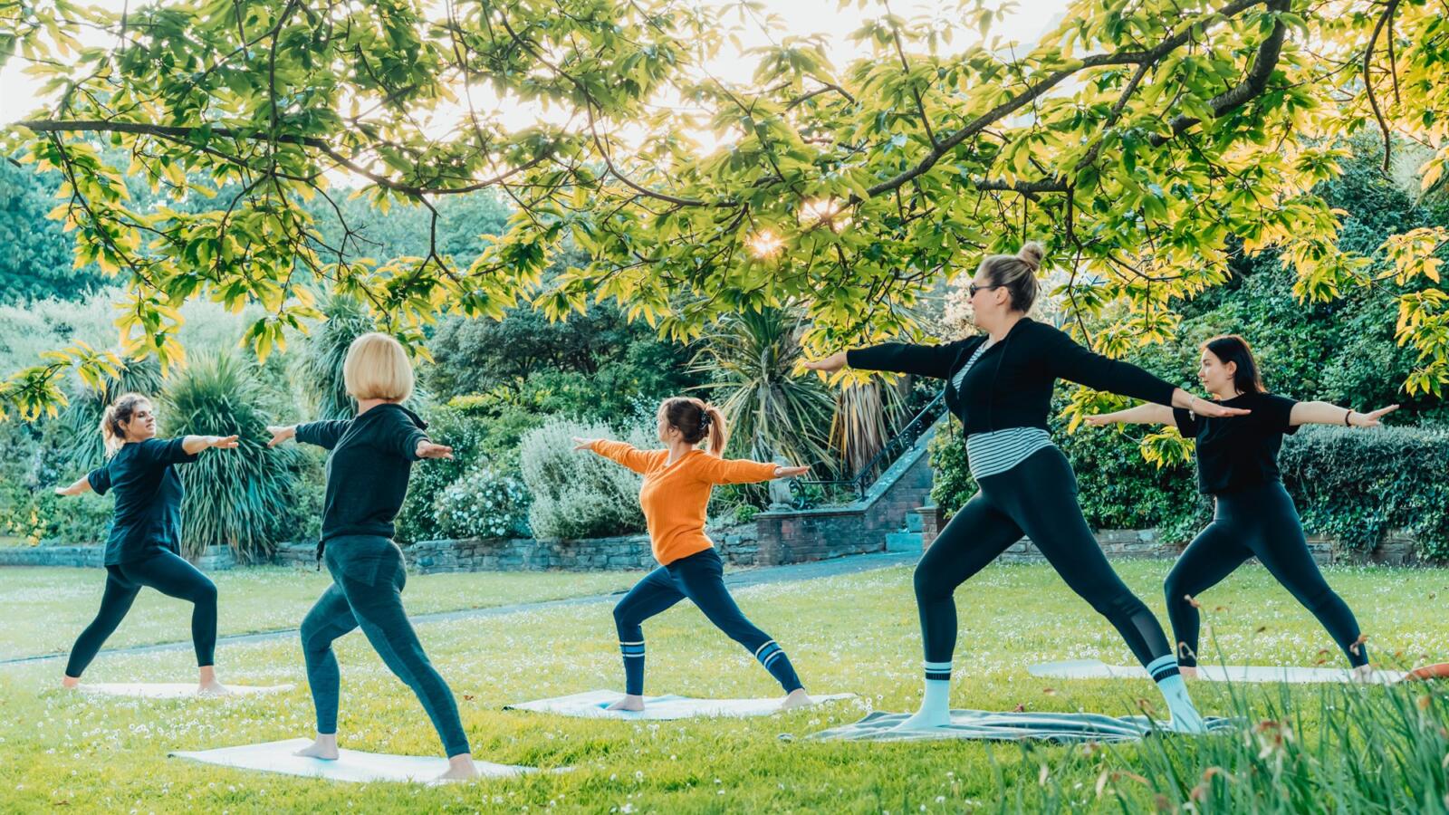 Grupo practicando yoga al aire libre sobre el césped de un jardín
