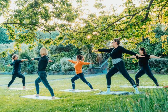 Grupo practicando yoga al aire libre sobre el césped de un jardín